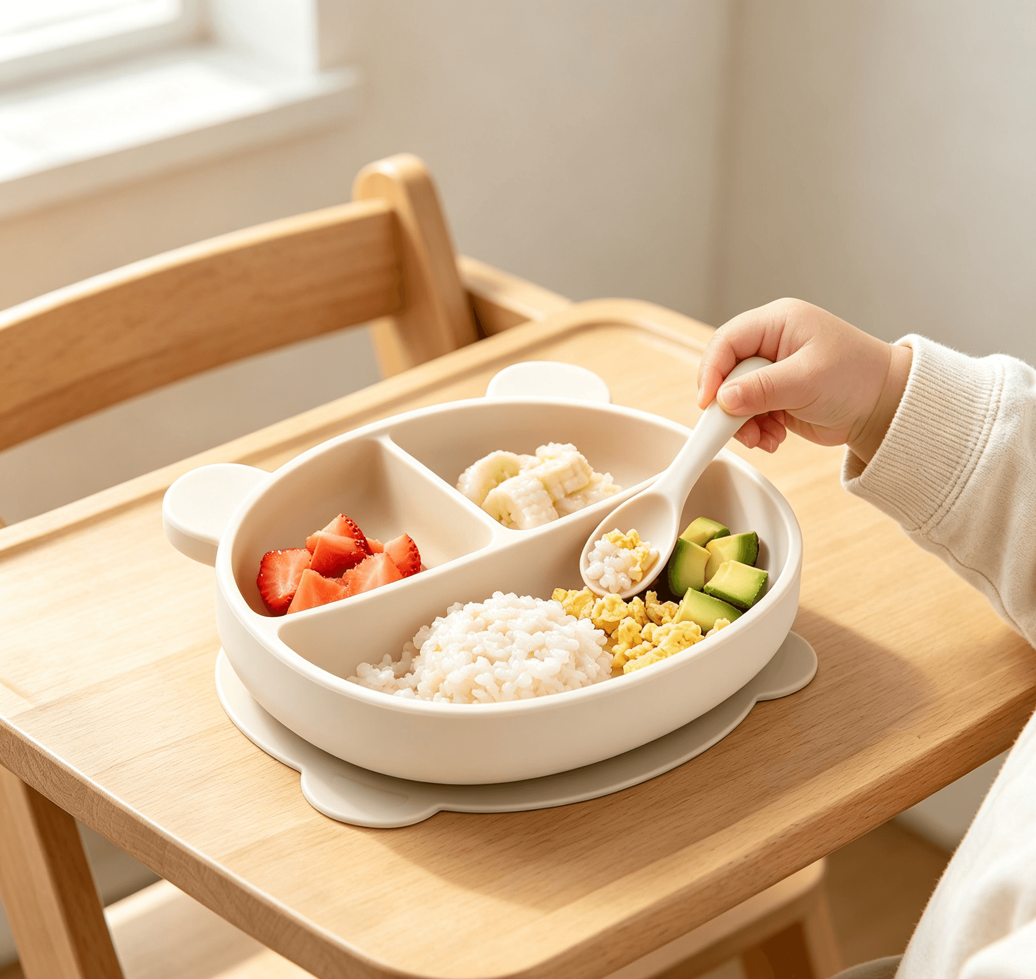 Cute Bear 3 Compartment Silicone Baby Suction Divided Plate with Lid